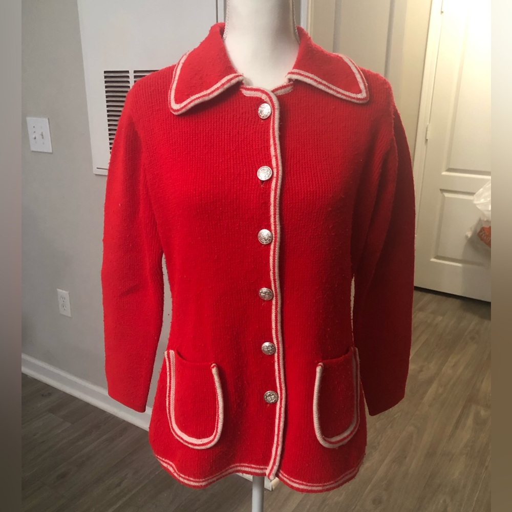 Vintage Bekym Women’s Cardigan Red & White Silver Button Knit Sweater